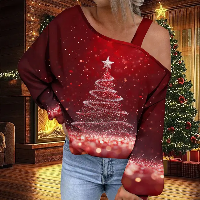 Christmas Women's Fashion Trend Diagonal Collar T shirt Ncx09Pl15669 - Shop at LoveMi