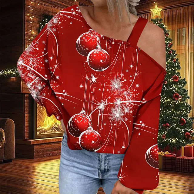 Christmas Women's Fashion Trend Diagonal Collar T shirt Ncx09Pl15670 - Shop at LoveMi