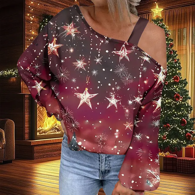 Christmas Women's Fashion Trend Diagonal Collar T shirt Ncx09Pl15671 - Shop at LoveMi