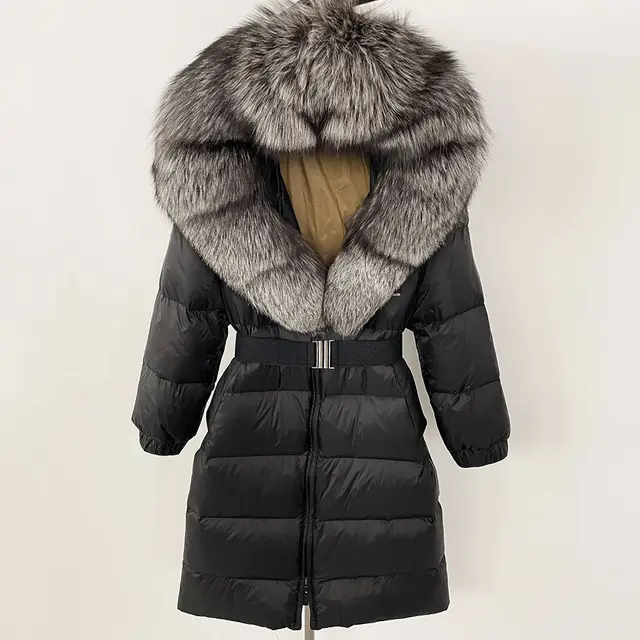 Women's Long Cinched Hoodie Real Fox Fur Collar Coat Black Silver Fox - Shop at LoveMi