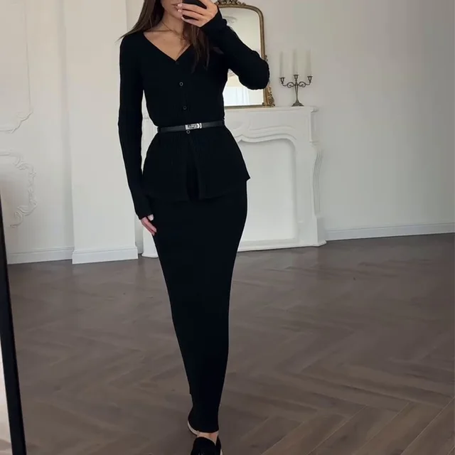 Long Sleeve Knitted Temperament High Waist Sheath Long Skirt Black - Shop at LoveMi