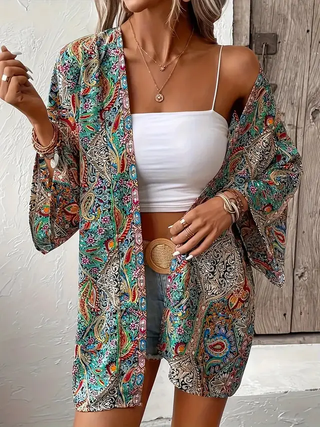 Ethnic Print Round Neck Shirt Bohemian Holiday Long Sleeve Shirt 1 Color - Shop at LoveMi