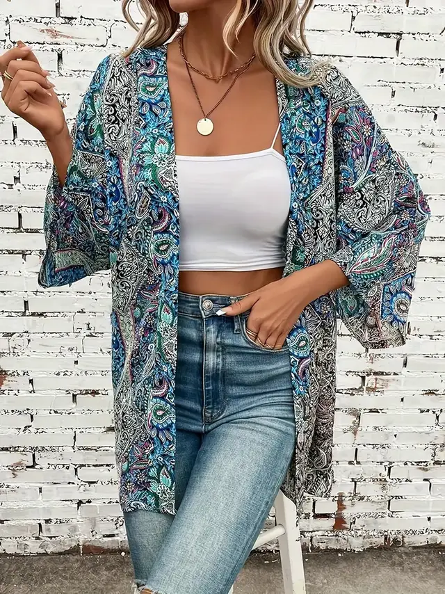 Ethnic Print Round Neck Shirt Bohemian Holiday Long Sleeve Shirt 3 Colors - Shop at LoveMi