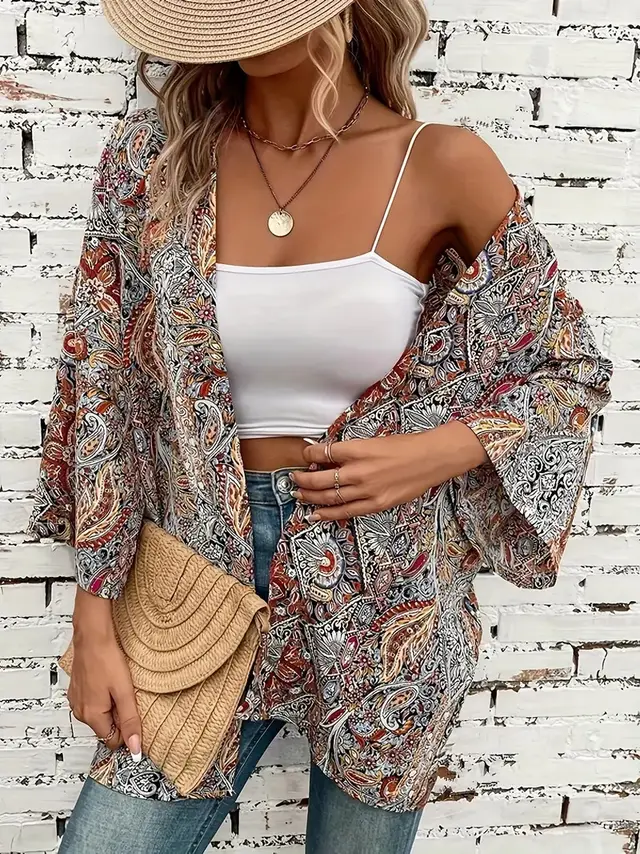 Ethnic Print Round Neck Shirt Bohemian Holiday Long Sleeve Shirt 4 Colors - Shop at LoveMi