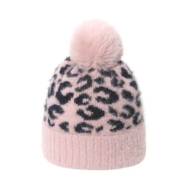 Wool Korean All match Warm Mink Fur Sleeve Ball Leopard Print Knitted Hat Pink - Shop at LoveMi