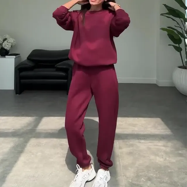 Round Neck Sweater Solid Color Straight leg Trousers Suit Wine Red - Shop at LoveMi