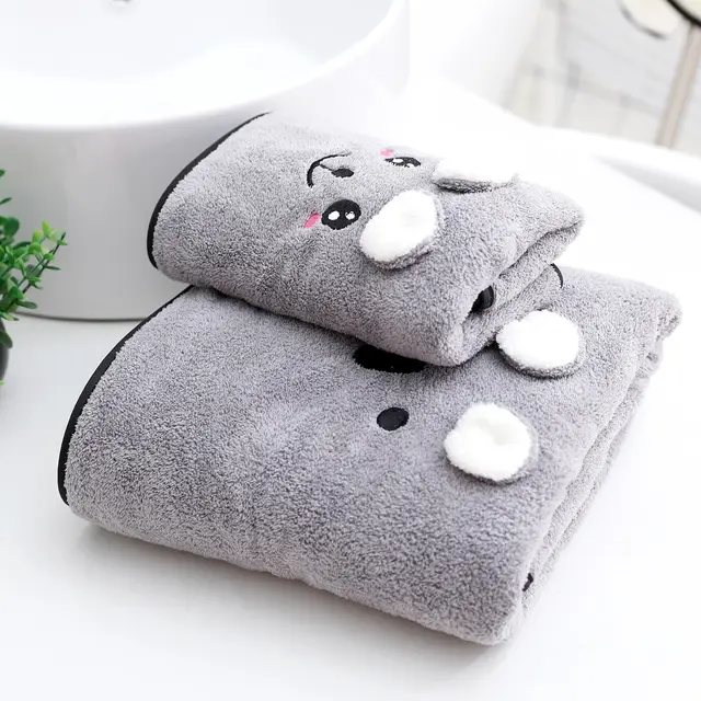 Coral Velvet Bath Towel Two piece Towel Rabbit Ears Koala Bear Gift Box Bear Head Gray - Shop at LoveMi