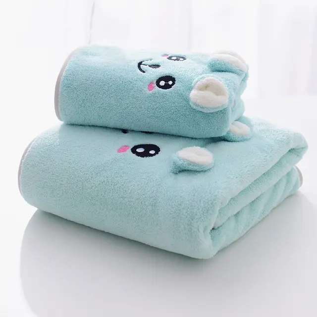 Coral Velvet Bath Towel Two piece Towel Rabbit Ears Koala Bear Gift Box Gift Box Bear Head Lake Blue - Shop at LoveMi