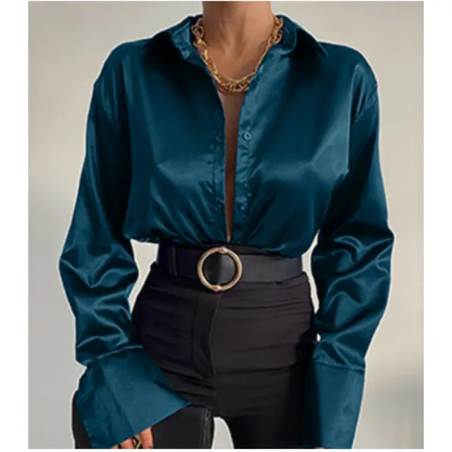 Autumn Cotton Long Sleeve Solid Color Polo Collar Single breasted Shirt Blackish Green - Shop at LoveMi