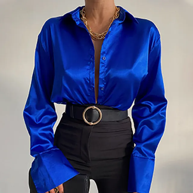 Autumn Cotton Long Sleeve Solid Color Polo Collar Single breasted Shirt Blue - Shop at LoveMi