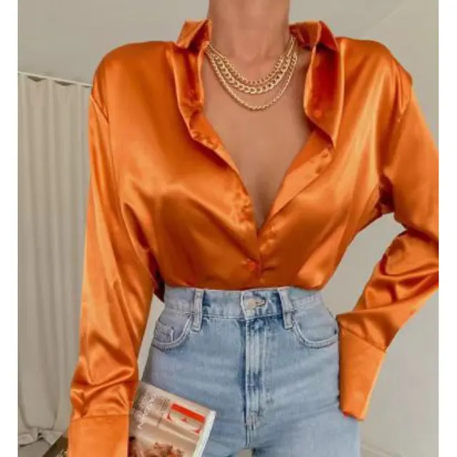 Autumn Cotton Long Sleeve Solid Color Polo Collar Single breasted Shirt Orange - Shop at LoveMi