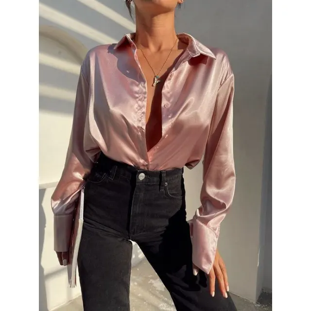 Autumn Cotton Long Sleeve Solid Color Polo Collar Single breasted Shirt Pink - Shop at LoveMi