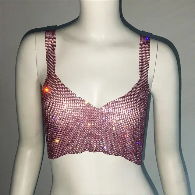 Deep V Sexy Rhinestone Metal Camisole Split Short Top Pink - Shop at LoveMi