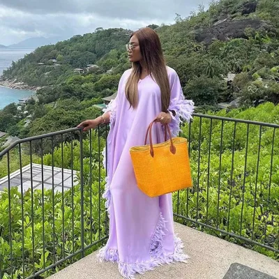 African Women's Loose Dress Luxury Fully Surrounded Light Feather Batwing Sleeve High Slit Robe Purple - Shop at LoveMi