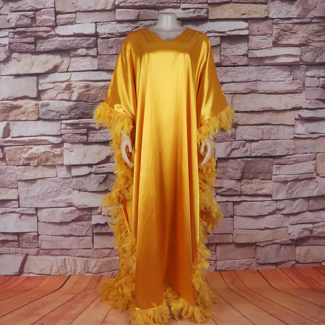 African Women's Loose Dress Luxury Fully Surrounded Light Feather Batwing Sleeve High Slit Robe Sunflower Color - Shop at LoveMi