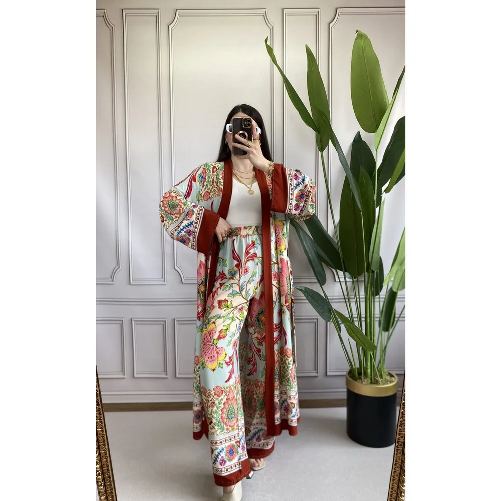 Casual Printed Design Long Shirt Wide Leg Pants Suit - Wine Red