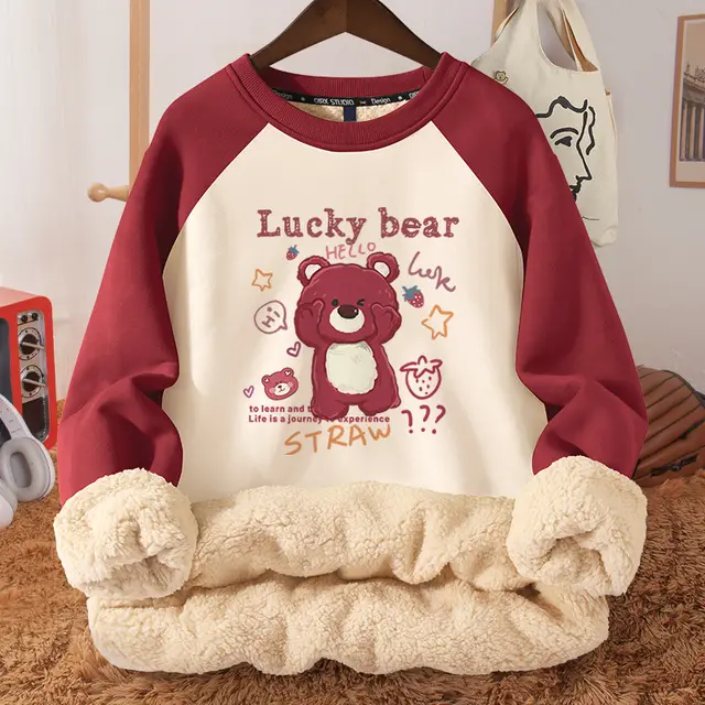 Women's Autumn And Winter Fleece lined Thickened Hooded Berber Fleece Coat Contrast Color Raglan Belly Bear - Shop at LoveMi