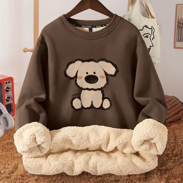 Women's Autumn And Winter Fleece lined Thickened Hooded Berber Fleece Coat Contrast Color Raglan Brown Flying Ears - Shop at LoveMi