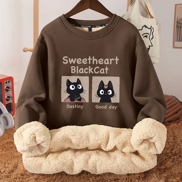 Women's Autumn And Winter Fleece lined Thickened Hooded Berber Fleece Coat Contrast Color Raglan Brown Side By Side Cat - Shop at LoveMi