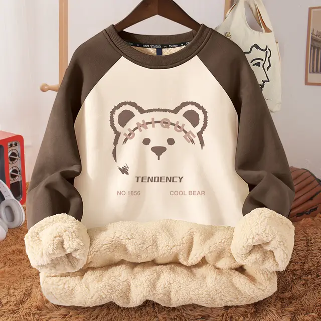 Women's Autumn And Winter Fleece lined Thickened Hooded Berber Fleece Coat Contrast Color Raglan Dull Bear - Shop at LoveMi