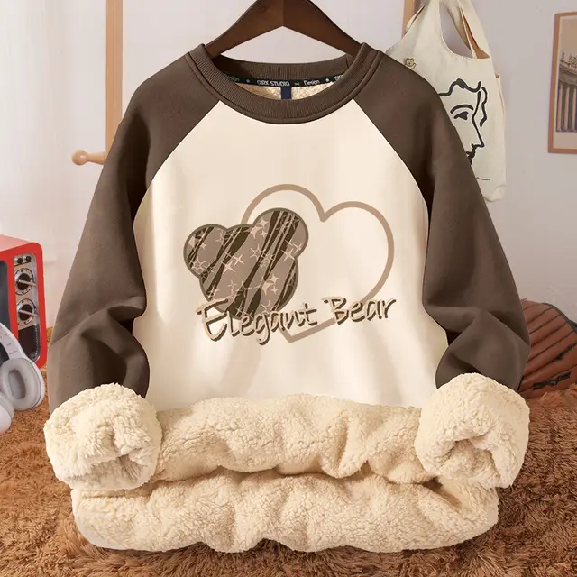 Women's Autumn And Winter Fleece lined Thickened Hooded Berber Fleece Coat Contrast Color Raglan Elegant Bear - Shop at LoveMi