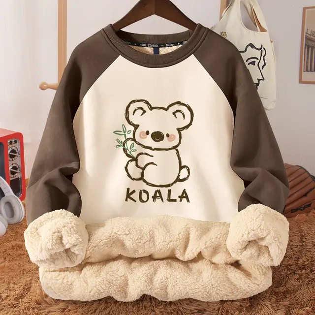 Women's Autumn And Winter Fleece lined Thickened Hooded Berber Fleece Coat Contrast Color Raglan Koala - Shop at LoveMi