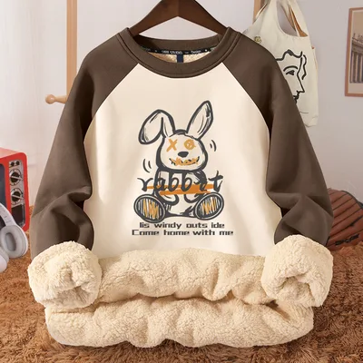 Women's Autumn And Winter Fleece lined Thickened Hooded Berber Fleece Coat Contrast Color Raglan Stroke Rabbit - Shop at LoveMi