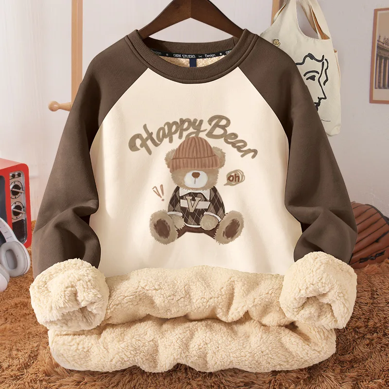 Women's Autumn And Winter Fleece-lined Thickened Hooded Berber Fleece Coat Contrast Colour Raglan - Stroke Rabbit