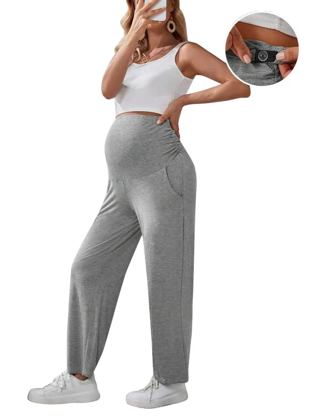 New Female Pregnant Women Straight leg Pants Loose Clinch Adjustable Plus Size Light Gray - Shop at LoveMi