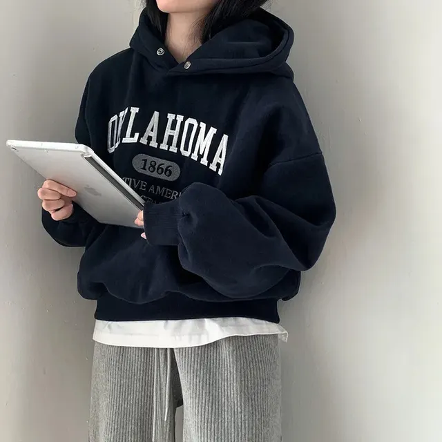 Dongdaemun Special Letter Embroidered Velvet Padded Thickened Sweater Navy Blue - Shop at LoveMi
