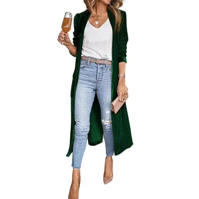 Fashion Women's Wear Solid Color Long sleeved Cardigan Autumn Velvet Elegant Long Coat Green - Shop at LoveMi
