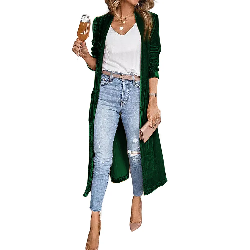 Fashion Women's Wear Solid Colour Long-sleeved Cardigan Autumn Velvet Elegant Long Coat - Green
