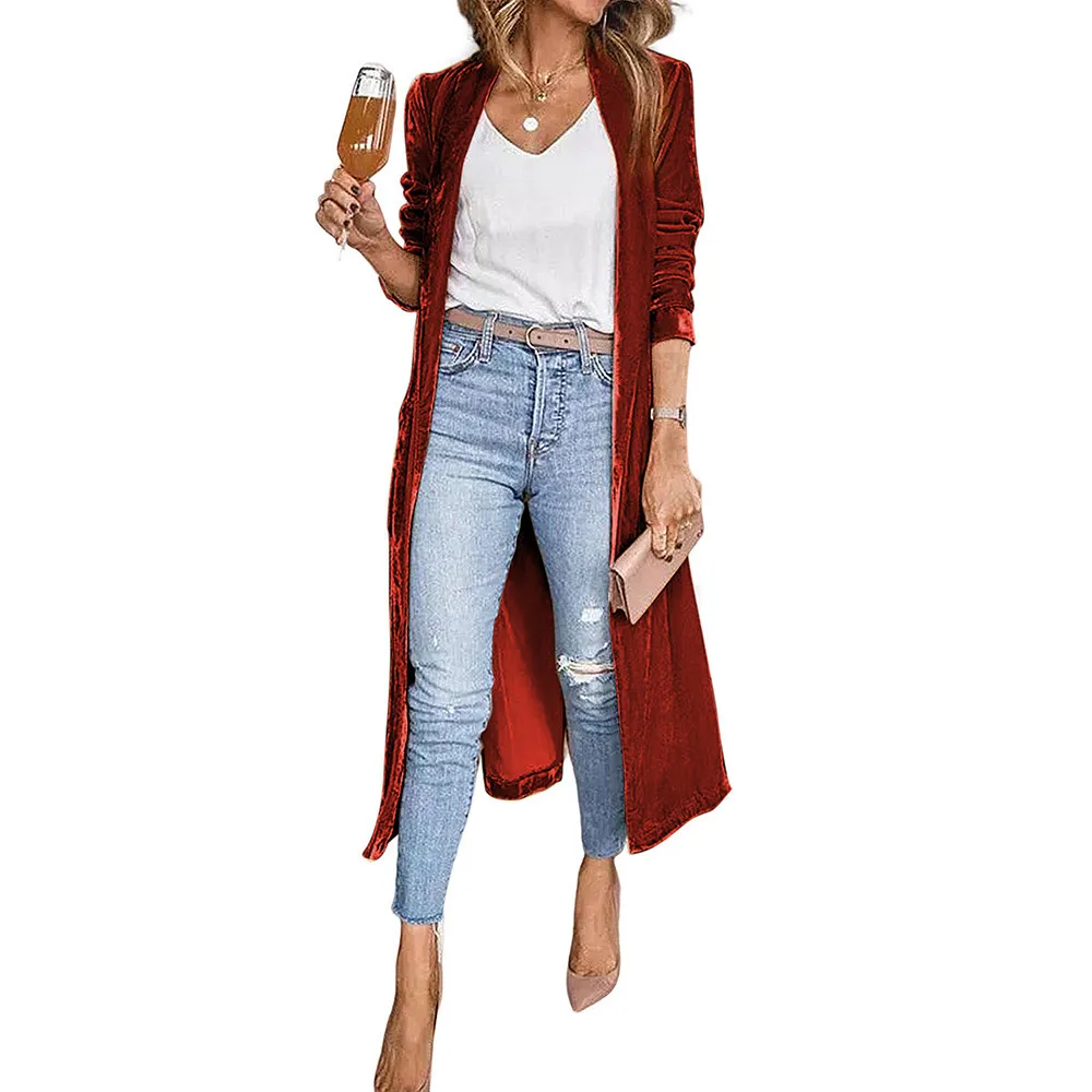 Fashion Women's Wear Solid Colour Long-sleeved Cardigan Autumn Velvet Elegant Long Coat - Red