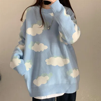 New V neck Loose Pullover Sweater Long Sleeve Sweater Blue - Shop at LoveMi