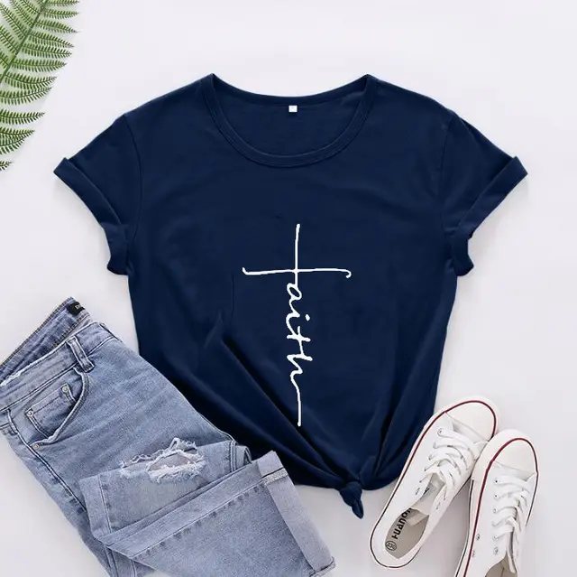 Women's Fashionable English Letter Short Sleeve Top Navy Blue White Characters - Shop at LoveMi