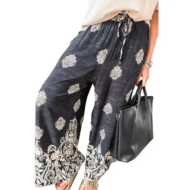 Autumn Vintage Printed Fashion Loose Drawstring High Waist Casual Pants For Women Black - Shop at LoveMi