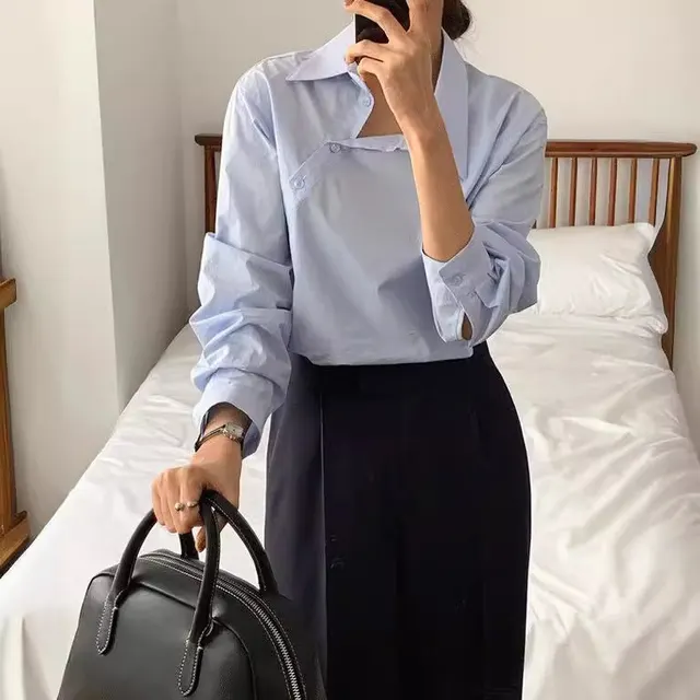 Loose Leisure All matching Solid Color Long Sleeve Shirt For Women Light Blue - Shop at LoveMi