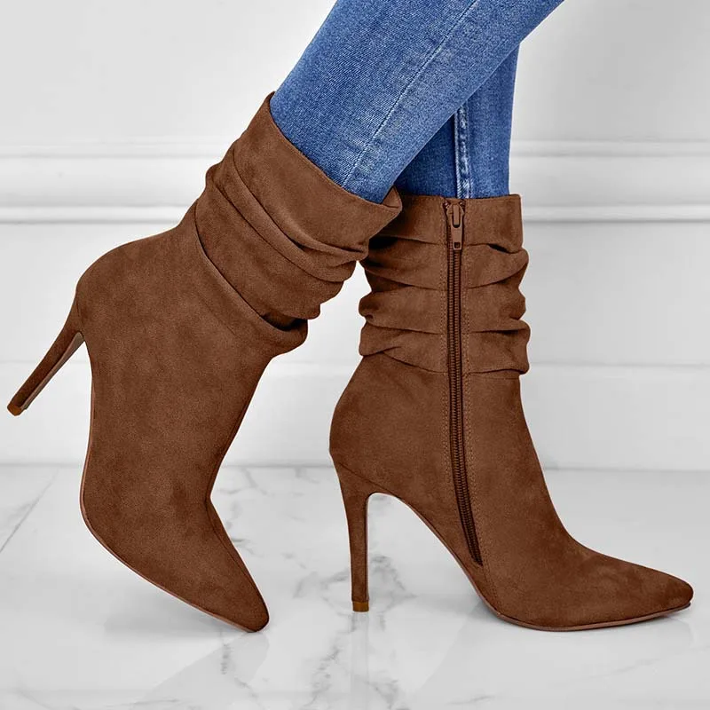 Women's Fashion Suede Pointed High Heels Boots Brown - Shop at LoveMi