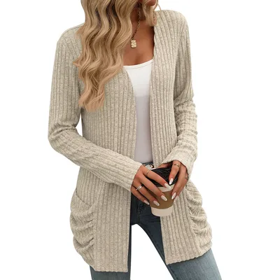 Solid Color Rib Fabric Brushed Pocket Cardigan Long Sleeve Coat Apricot - Shop at LoveMi