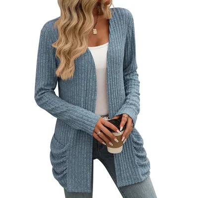 Solid Color Rib Fabric Brushed Pocket Cardigan Long Sleeve Coat Gray Blue - Shop at LoveMi