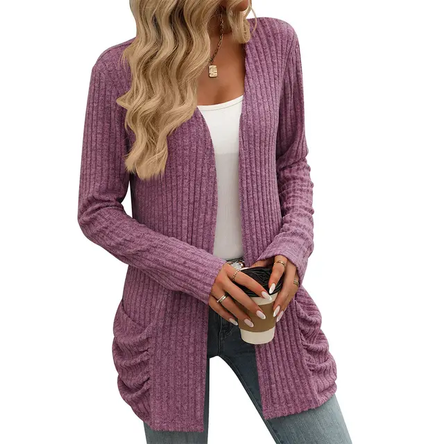 Solid Color Rib Fabric Brushed Pocket Cardigan Long Sleeve Coat Purplish Red - Shop at LoveMi