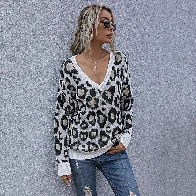 European And American Style Leopard Print Knitted Pullover Black - Shop at LoveMi