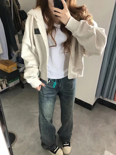 American Vintage Zipper Hooded Cardigan Sweater Women's Spring And Autumn Flower Gray - Shop at LoveMi