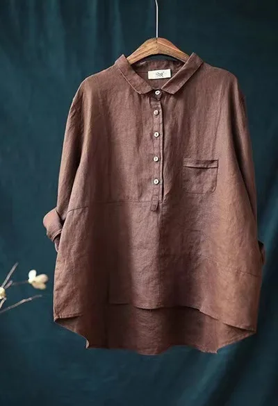 Casual Loose Solid Color Linen Shirt For Women Coffee - Shop at LoveMi