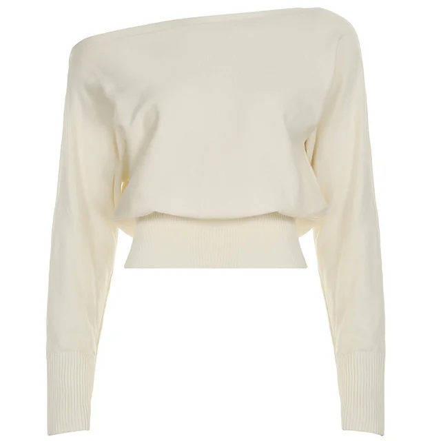 American style Slant Shoulder Waist tight Lazy Sweater Autumn And Winter Warm Long Sleeves Sweater Beige - Shop at LoveMi