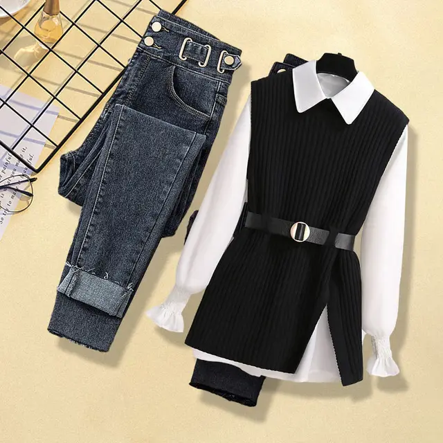 Women's Knitted Vest Shirt Jeans Three piece Set Black Blue Pants 3Pcs Set - Shop at LoveMi