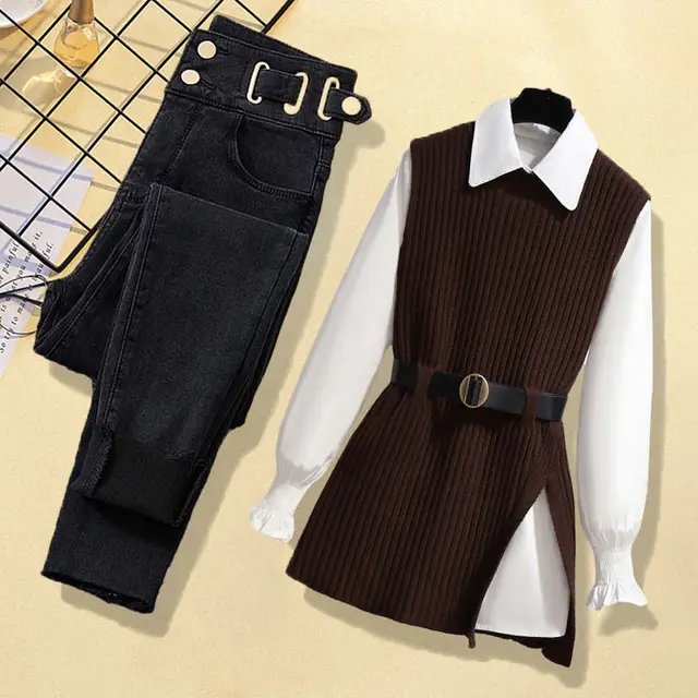 Women's Knitted Vest Shirt Jeans Three piece Set Coffee Black Pants 3Pcs Set - Shop at LoveMi