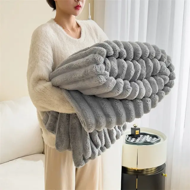 Rabbit Plush Multifunctional Blanket Strip Milk Fiber Bedding Grey - Shop at LoveMi