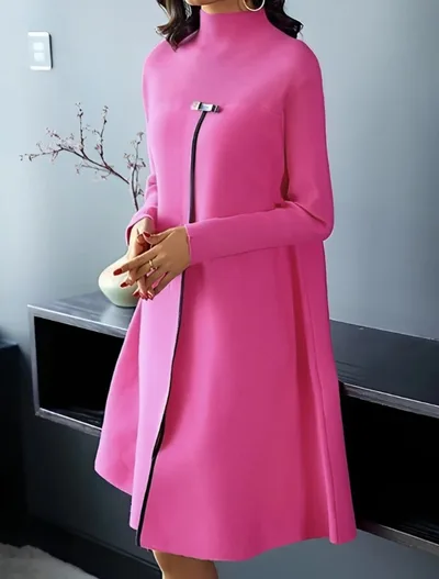 Elegant Solid Color Long Sleeve Turtleneck Slimming Large Hem Dress Rose - Shop at LoveMi