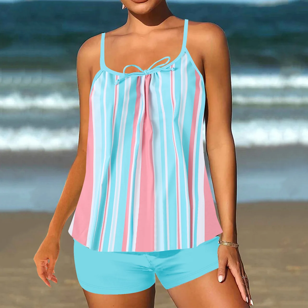 Split Plus Size Boxer Bikini Printed Swimsuit - Light Blue